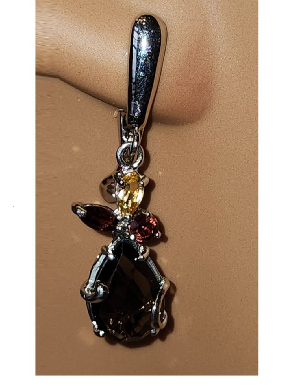 .925 Sterling Silver Smoky Quartz, Citrine & Garnet Dangle Earrings. Value $655